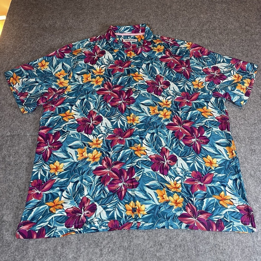 Tommy Bahama 100% Silk Hawaiian Shirt XXL Tropical Floral Camp Button Up Mens